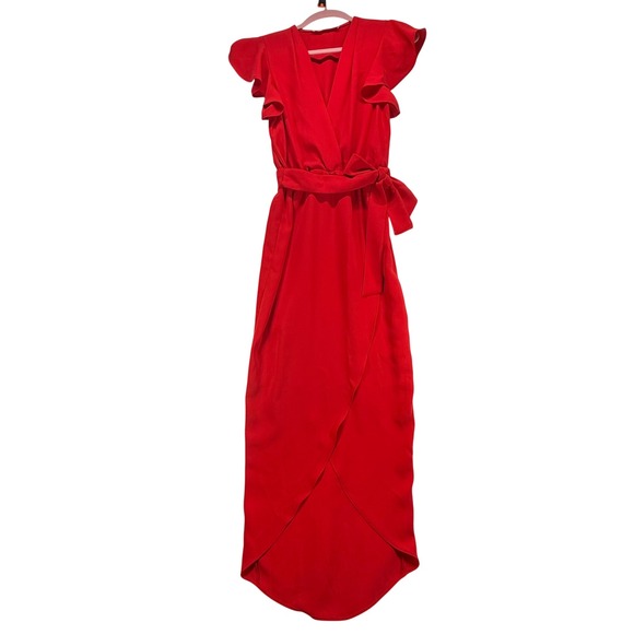 Amanda Uprichard Maxi Dress Ruffle Sleeve Wrap Red Dress‎ Party Cocktail Size P